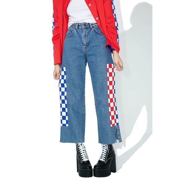 The Ragged Priest Blue High Rise Checkered Kickflip Wide Leg Jeans Size 26 - Picture 3 of 10